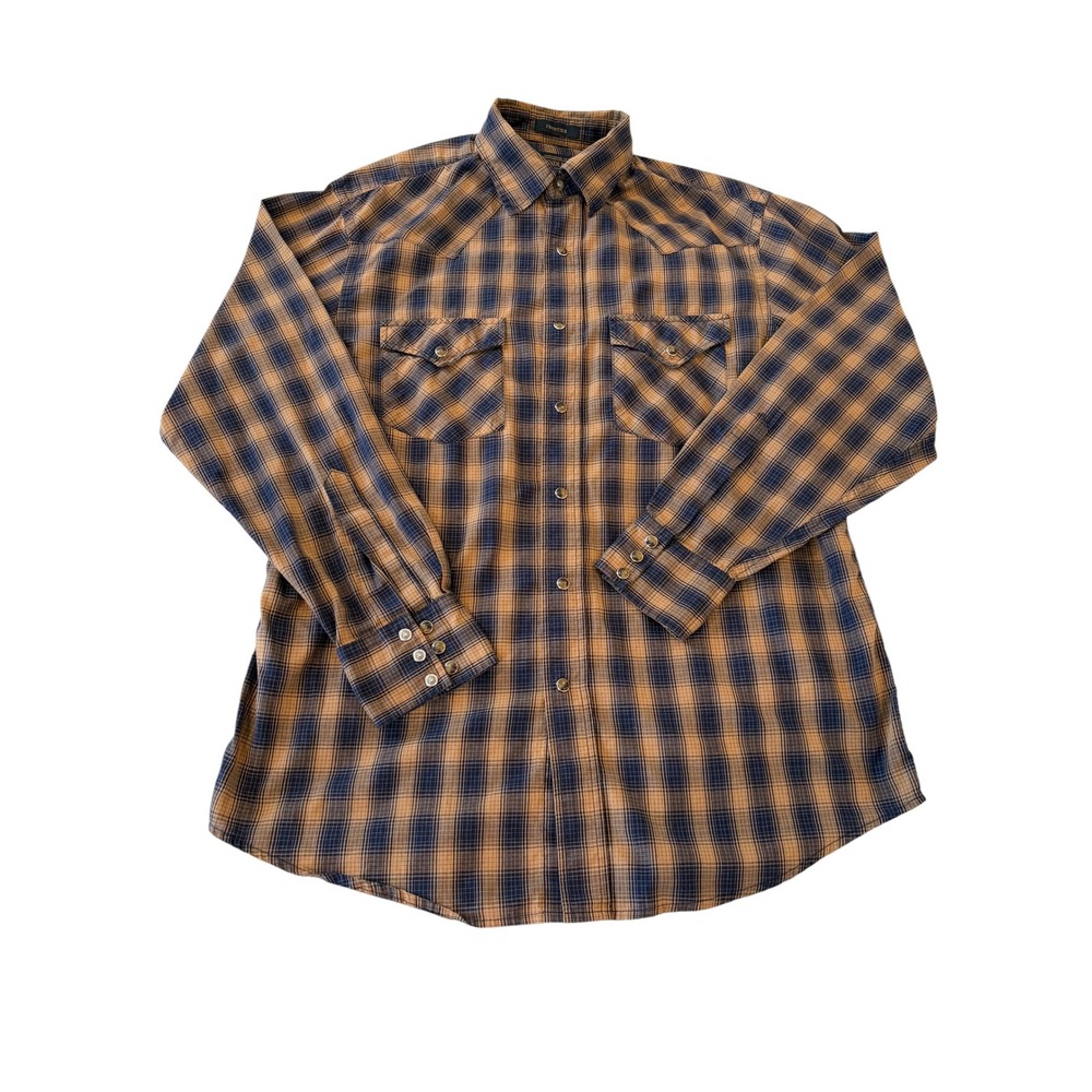 Pendleton Frontier Mens Blue Tan Plaid Western Snap Shirt Medium Long Sleeve